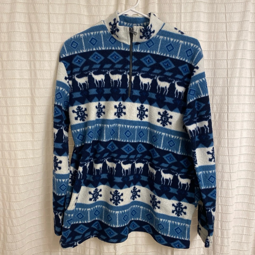 American Spirit Fleece Sweater Blue Women’s Medium Snowflake Christmas Zip